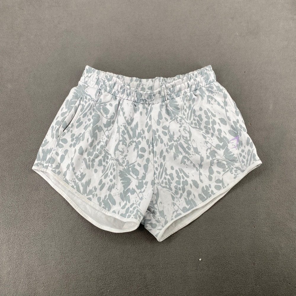 Gymshark Womens Animal Print Fleece Shorts White Grey Purple Logo Size M B3A1D